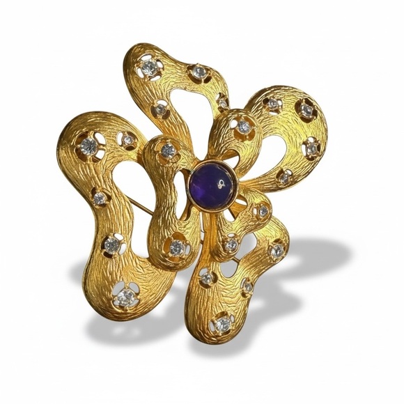 Ivana Ruzzo Jewelry - Vintage IVANA Gold Statement Brooch w/ Blue Cabochon & Rhinestones (1980s/90s)